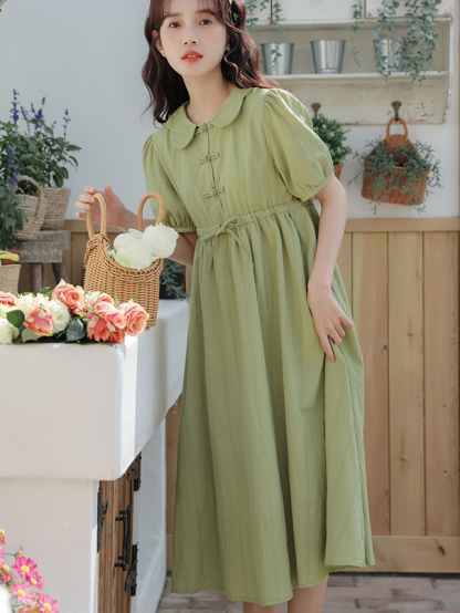 2024 Summer New Artistic Fresh Peter Pan Collar Buckle New Chinese Style Sweet Dress