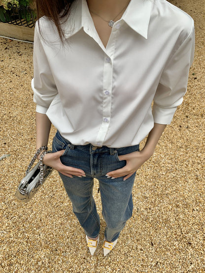 Real Shot 2025 Spring New Design Non-Iron Wrinkle-Resistant White Shirt for Women Elegant Versatile Fashion Blouse Top