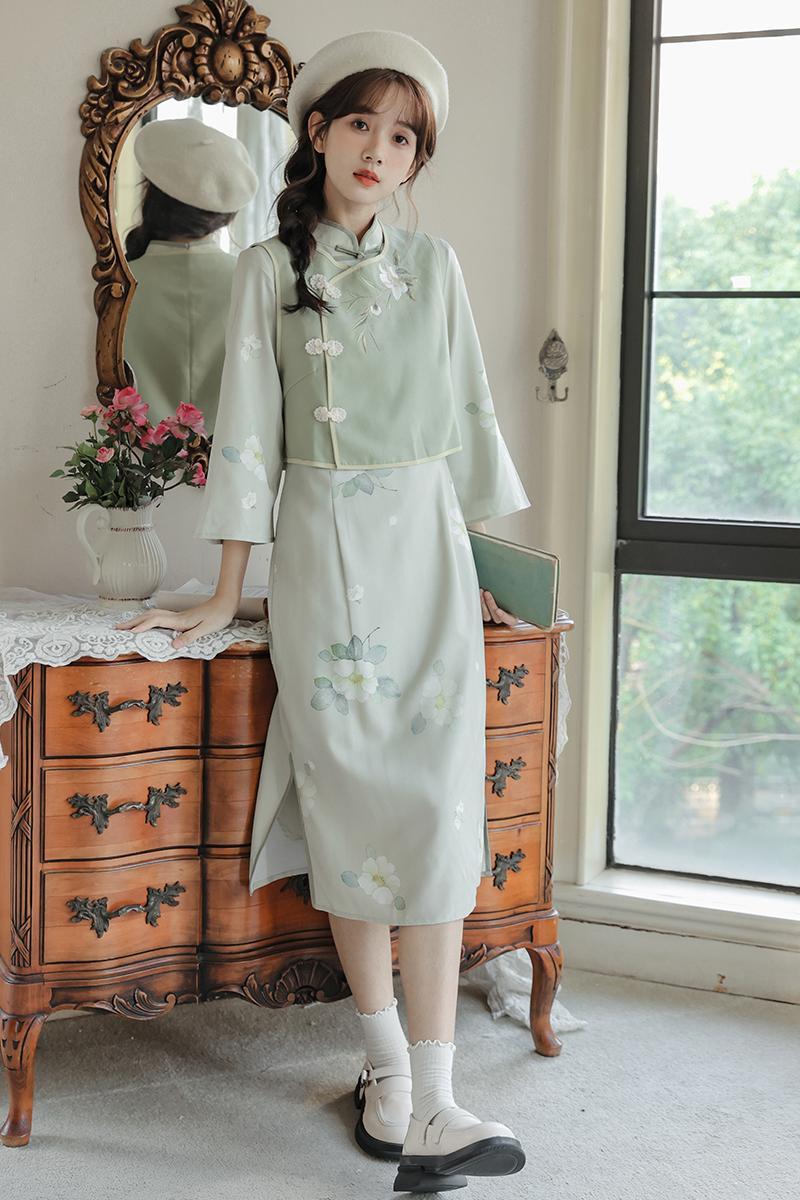 Republic of China Style New Retro Improved Slim-Fitting Slimming Cheongsam Skirt Embroidered Vest Cheongsam Suit Women's Limited Price 50