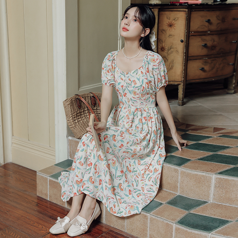 Tea Break French Square Collar Floral Puff Sleeve Dress Female Summer Small Back Cutout A- line Skirt 40