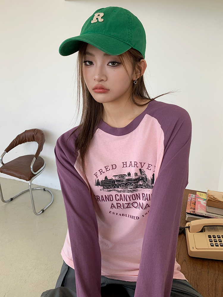 Contrast Color Long Sleeve T-shirt美式印花撞色长袖T恤 *2Colors