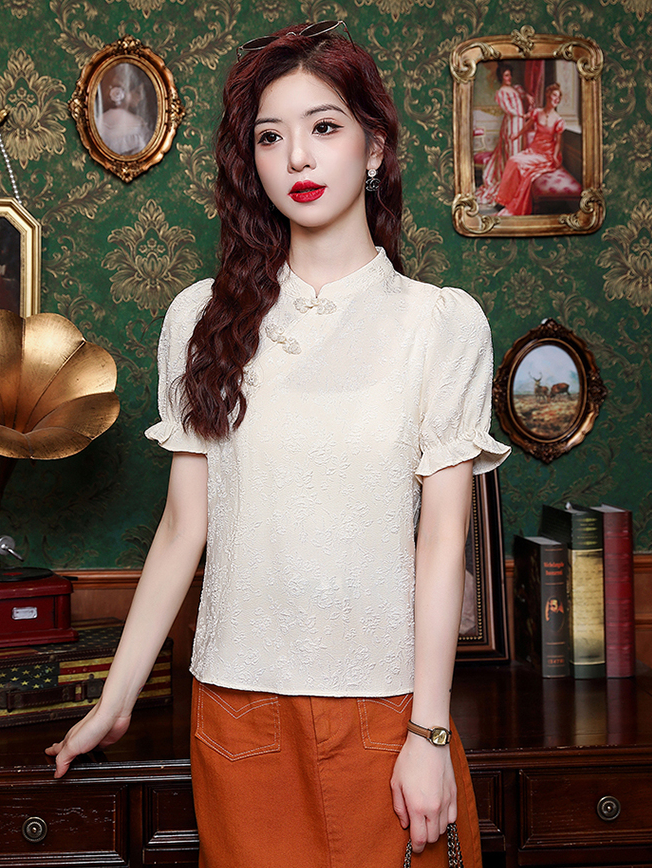 Jacquard Mandarin Collar Blouse 提花盘扣衬衫*2Colors