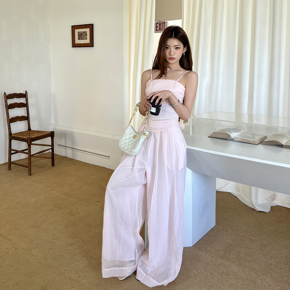 RINA Strapless Top & Wide Leg Pants Set 慵懒纯欲粉色抹胸上衣+休闲阔腿裤两件套