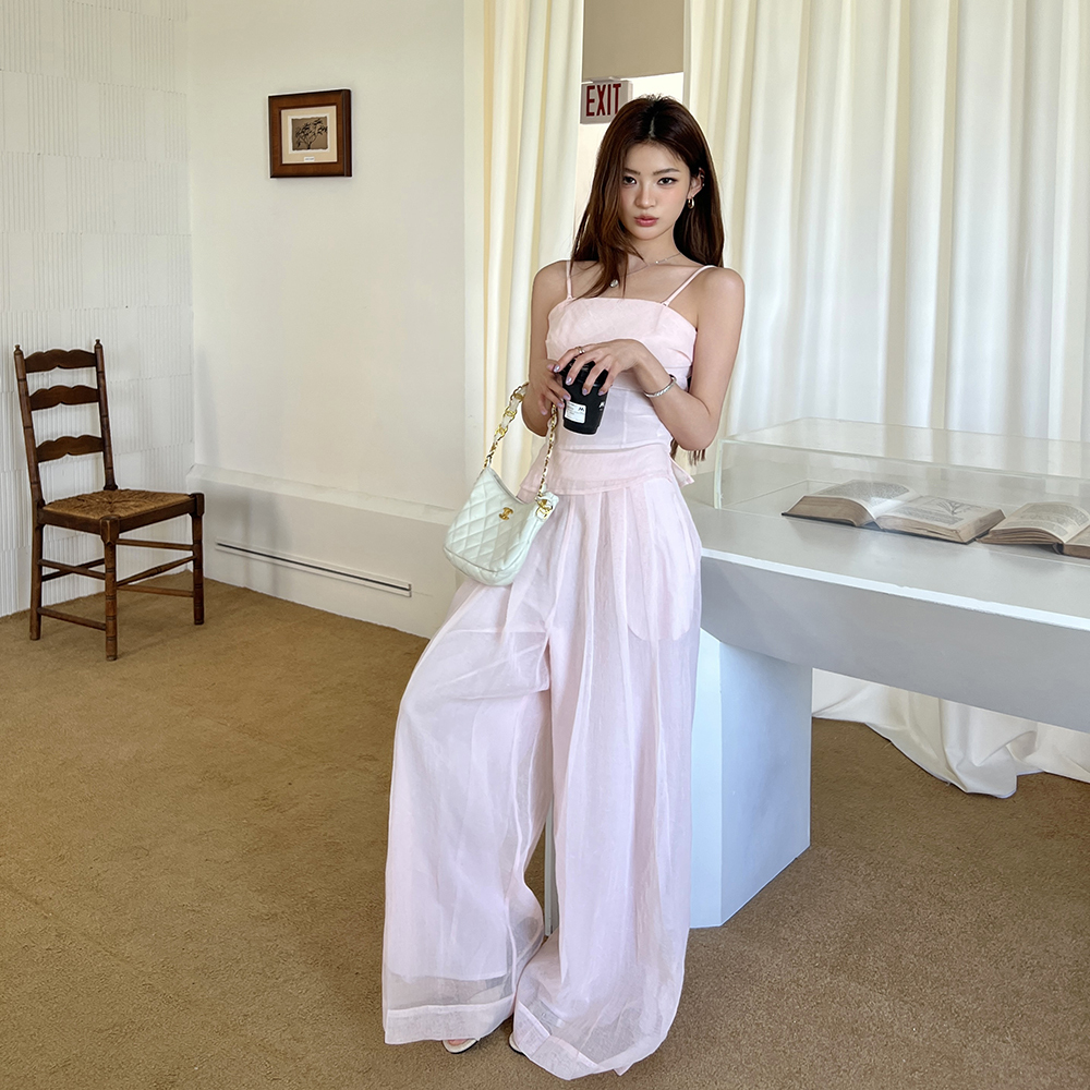 RINA Strapless Top & Wide Leg Pants Set 慵懒纯欲粉色抹胸上衣+休闲阔腿裤两件套