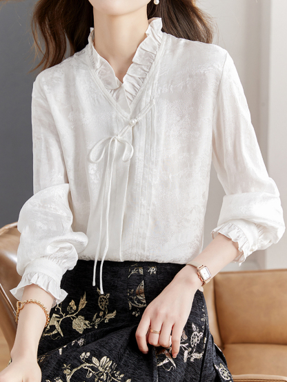 白荷新中式白衬衫 Spring White Lotus New Chinese Style White Shirt with Ma Face Skirt Matching Long Sleeve Daily Commuting National Style Versatile Top