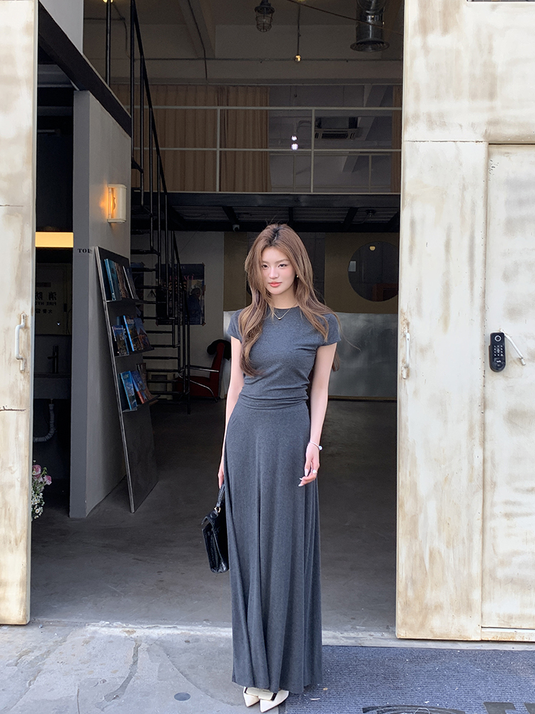 Real Shot 2025 Spring Summer New Loose Casual Solid Color Top Short Sleeve Skirt Long Skirt Women's Two-Piece Set