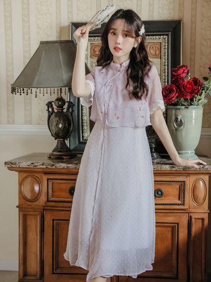 烟紫色古风印花假两件雪纺连衣裙  Lavender Floral Chiffon Layered Dress