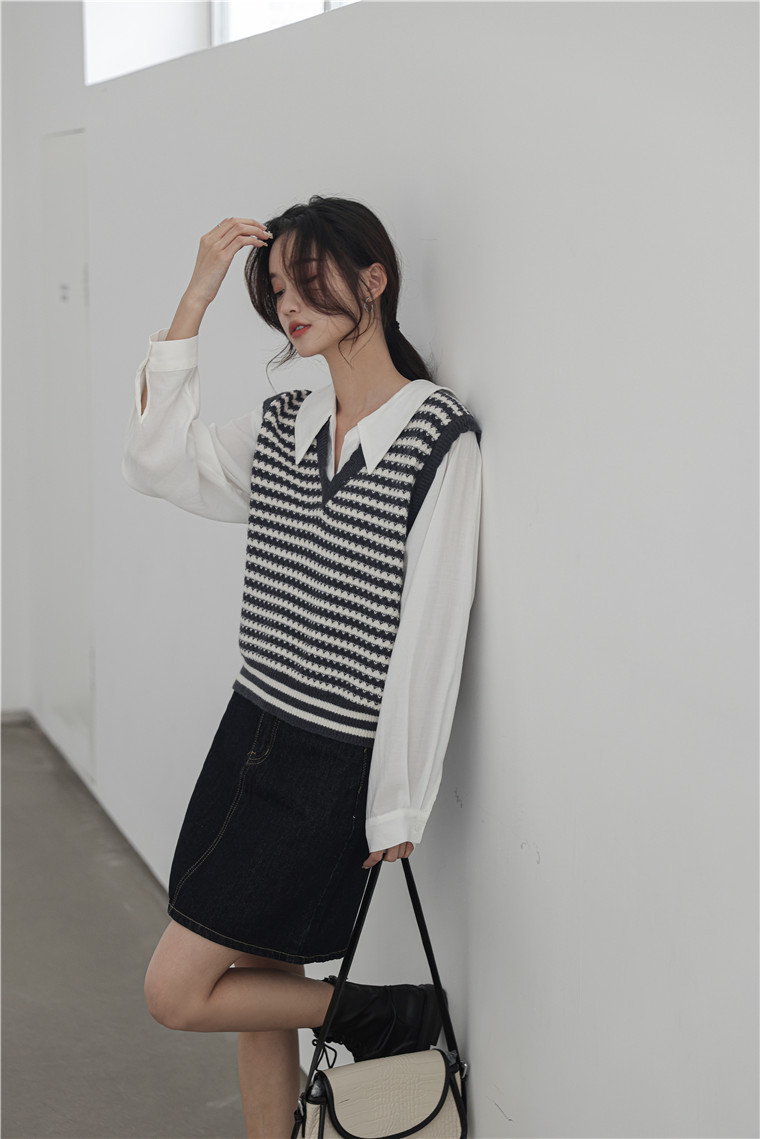 Faux Layered Knit Vest Shirt 知性小姐姐~假两件针织马甲长袖衬衫*2 Colors