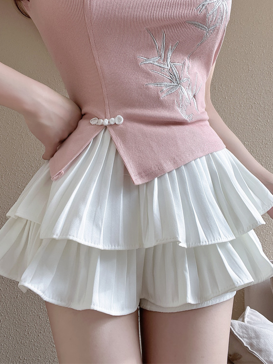 New Chinese Style Embroidered National Style Button Top Design Slimming Pleated Skirt Age-Reducing Workwear Two-Piece Set