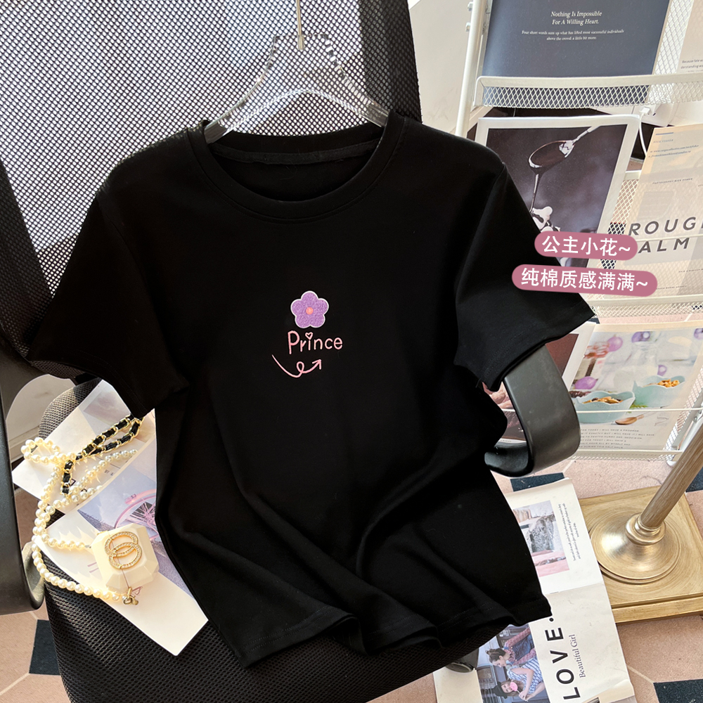 Real Shot Spot High Quality ~ Pure Cotton Shoulder Design Sense Towel Embroidery Flower Graffiti Letter Short Sleeve T-shirt Casual