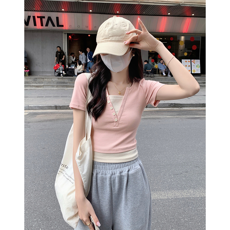 Faux Layered V-Neck Top 假两件V领上衣*4 Colors