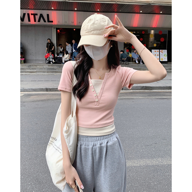 Faux Layered V-Neck Top 假两件V领上衣*4 Colors