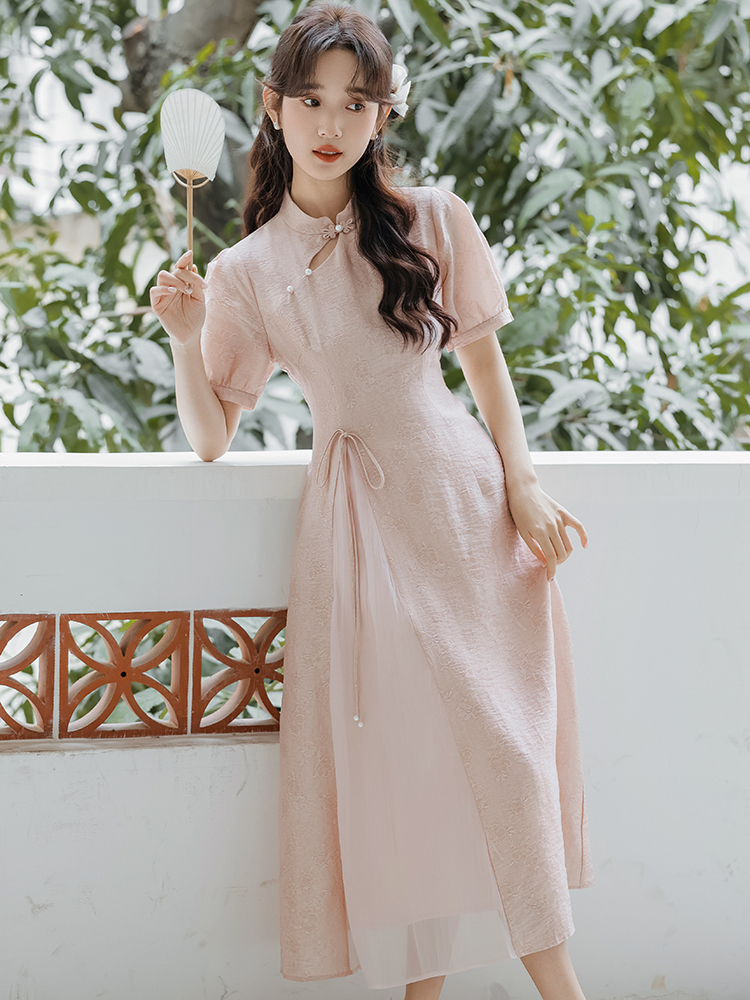 Pink Luster Dress 粉贝柔光中式连身裙