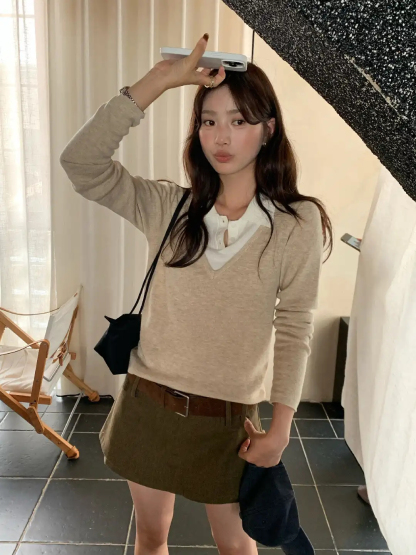 PARVÉ Contrast Collar Knit Top 高智份子！假两件老钱翻领撞色针织上衣* 3 Colors