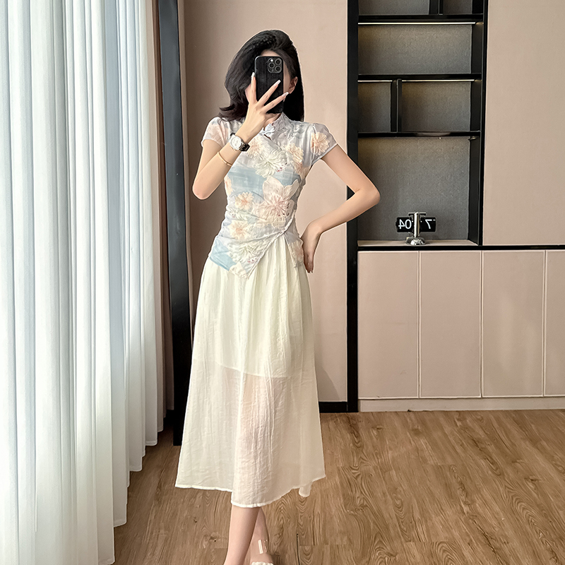 气质假两件印花连衣裙 New Chinese Style Improved Cheongsam Dress for Women Summer 2025 New Slim Fit Elegant Fake Two-Piece Printed Dress