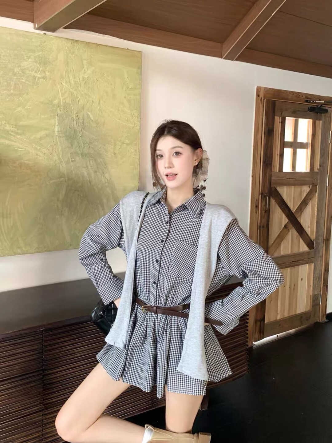 Classic Plaid Shirt Midi Dress 百搭显瘦收腰格子衬衫连身裙~ 配腰带披肩*3 Colors