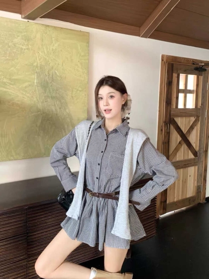 Classic Plaid Shirt Midi Dress 百搭显瘦收腰格子衬衫连身裙~ 配腰带披肩*3 Colors