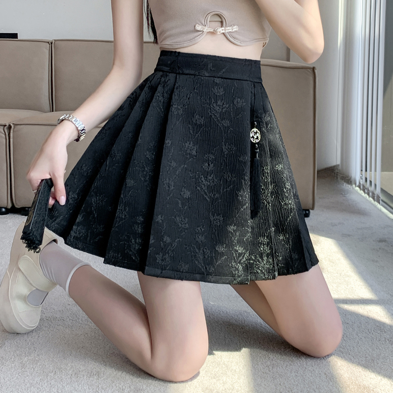Real Shot New Chinese Style National Style Horse Face Skirt Spring Summer High Waist Slimming A-line Short Skirt Sweet Jacquard Pleated Half Skirt