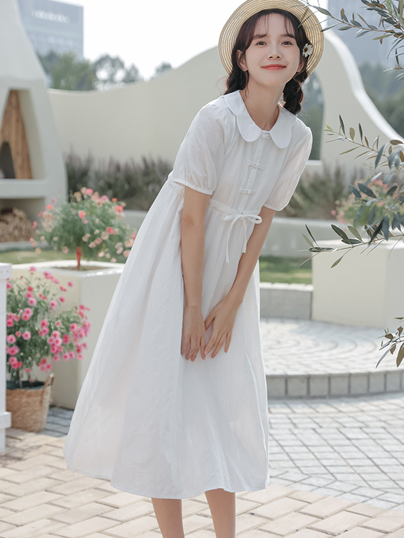 2024 Summer New Artistic Fresh Peter Pan Collar Buckle New Chinese Style Sweet Dress