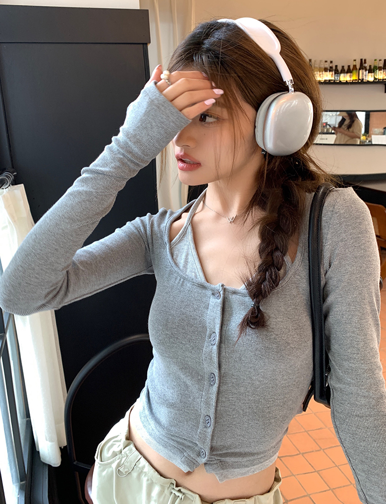 Sassy Faux Two-In-One Knit Top 辣妹假两件针织衫短款T恤*2Colors