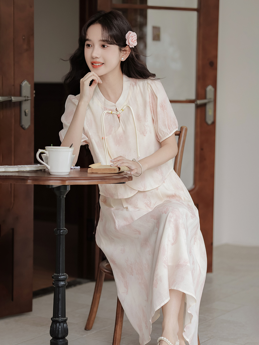 Pink Jade New Chinese Style Suit 2024 Summer New National Style Buckle Shirt A- line Skirt 40 in Stock