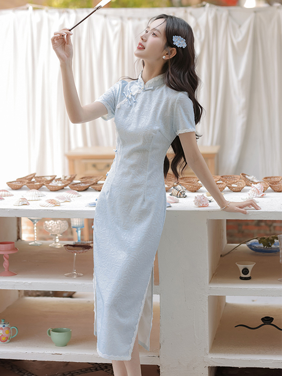 新中式蓝色修身连衣裙 Spring Summer New Chinese Style Blue Slim Dress