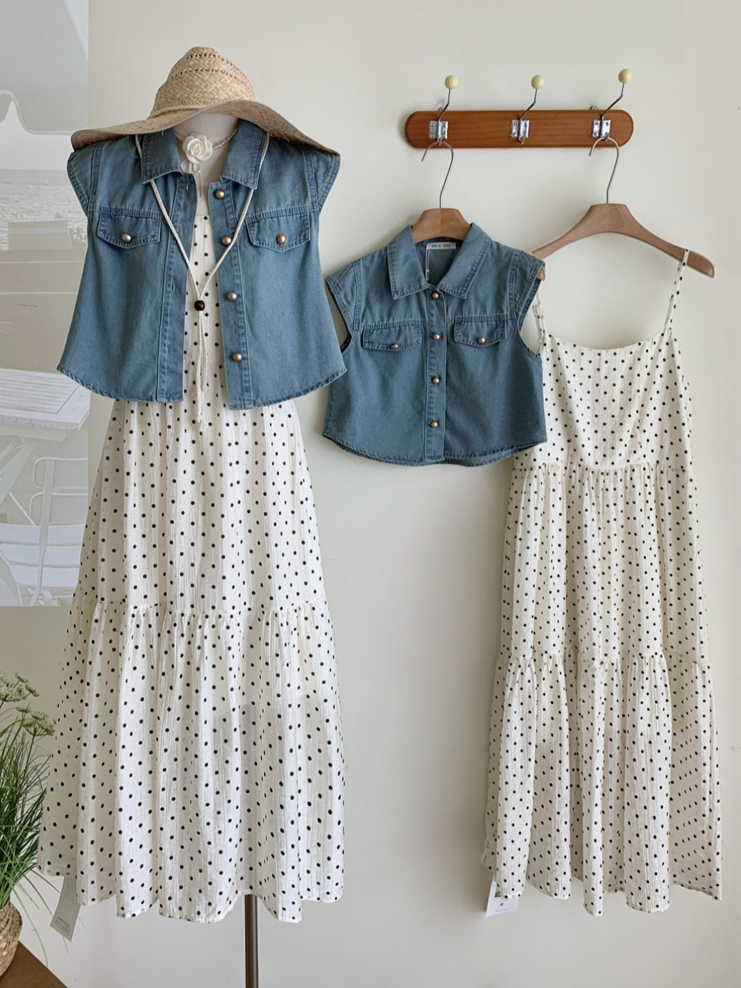 Retro Denim Blouse with Slip Dress复古牛仔衬衫吊带连衣裙两件套