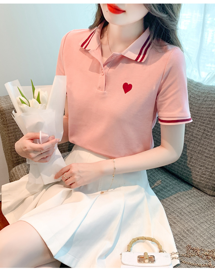 Heart Charm Polo Collar T-Shirt 甜美风~POLO领爱心刺绣T恤