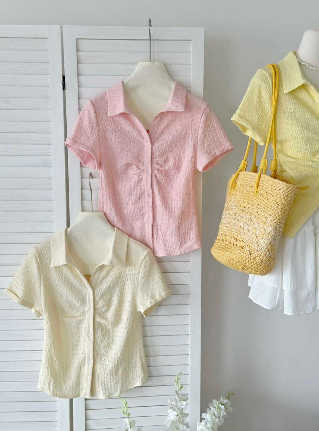 RINA Sweet Ruched Blouse 甜美褶皱短袖衬衫*4 Colors