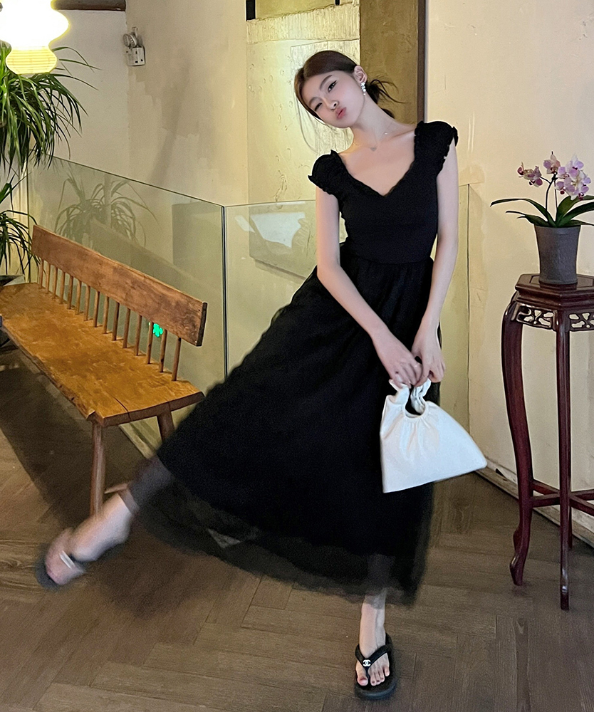 V-Neck Tulle and Mesh Dress法式气质V领拼接纱裙*2Colors