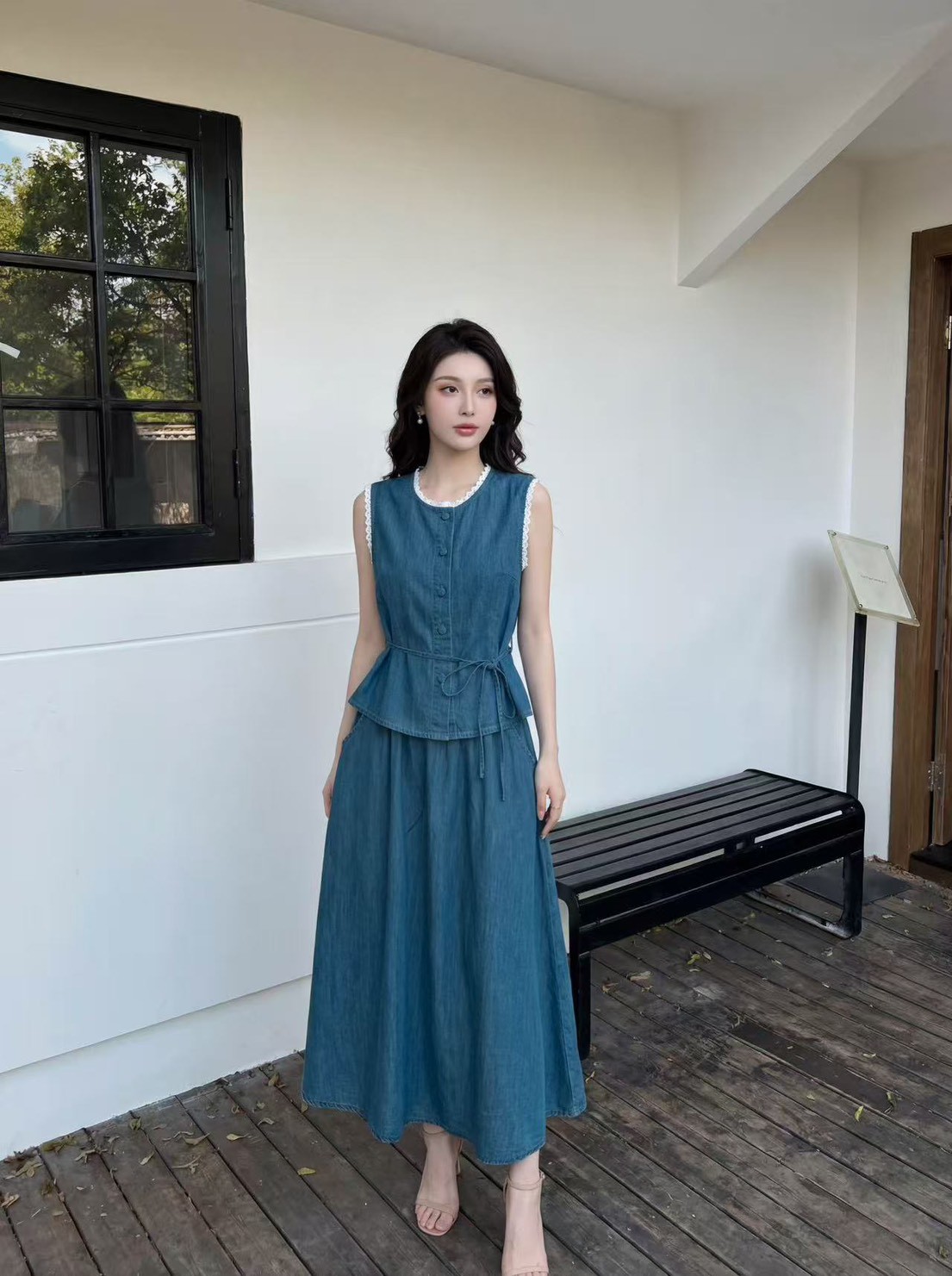 Sweet Lace Denim Maxi Skirt Two-Piece Set 甜美减龄蕾丝牛仔长裙两件套*2 Colors