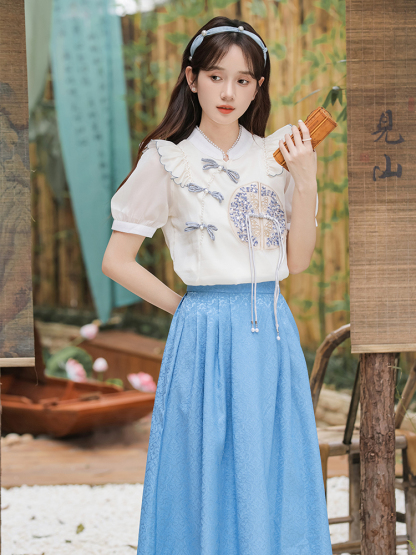 Embroidered Ruffle Hem Top & Skirt Set 刺绣荷叶边上衣+半身裙两件套