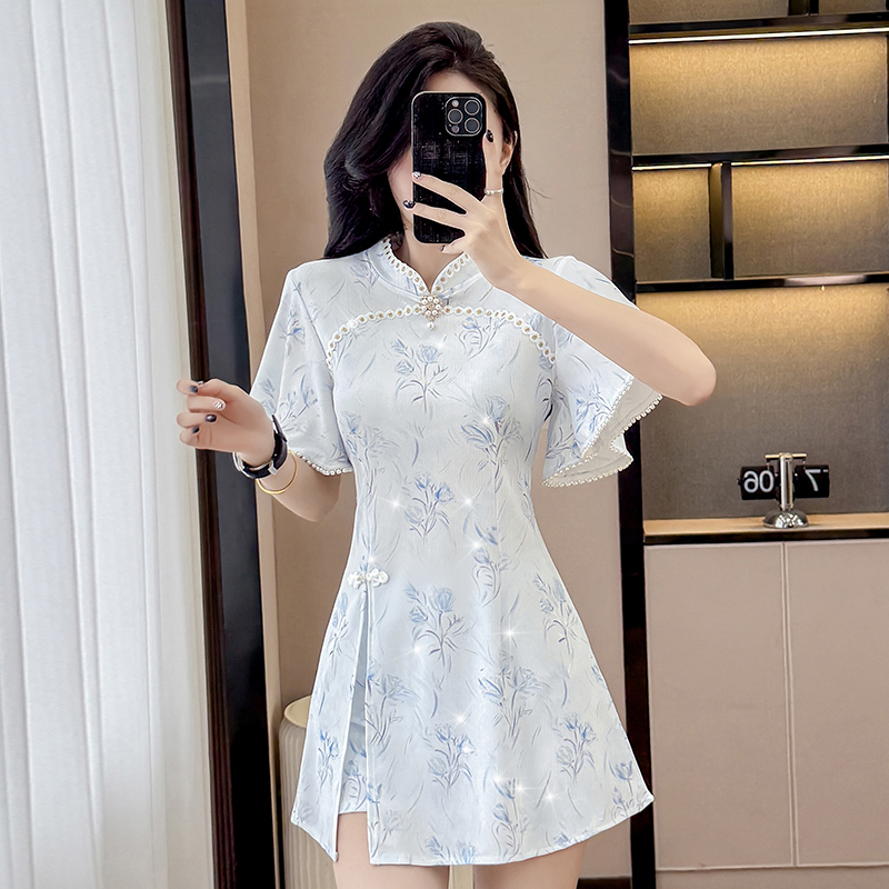Real Shot Chinese Style Cheongsam Improved New Gentle Youthful Elegant High-end Dress Set Two Pieces