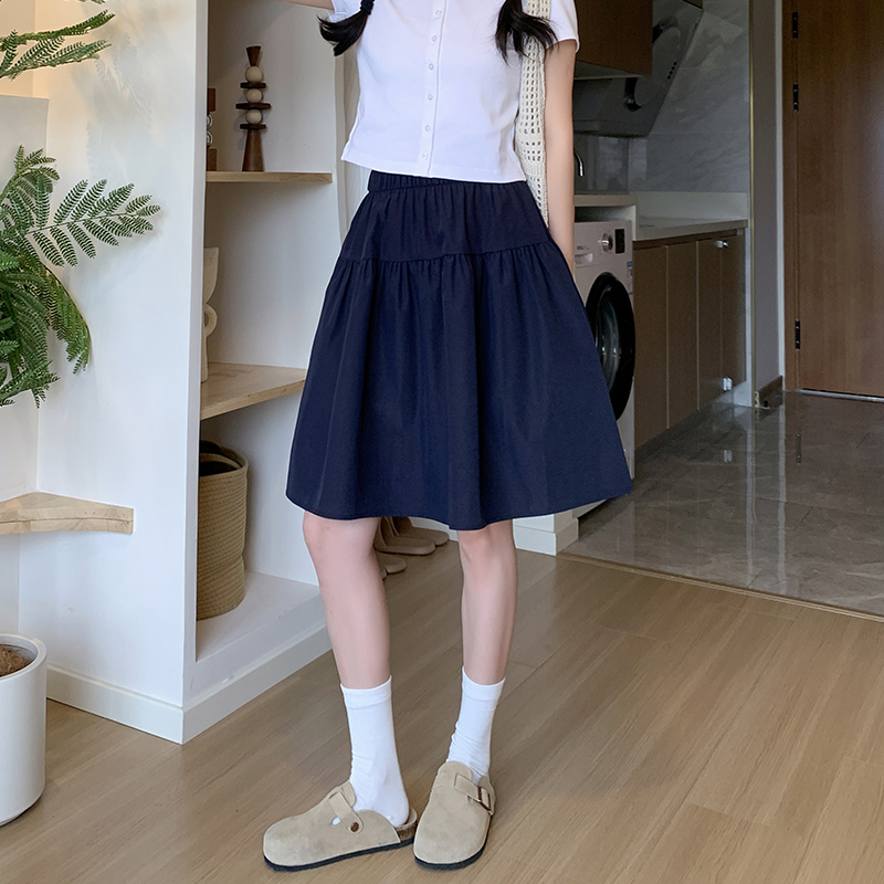 Real Shot Summer Japanese Style Thin Versatile Slimming Navy Blue Loose Wide Hem Five-Point Skirt Short Skirt Half Skirt for Women