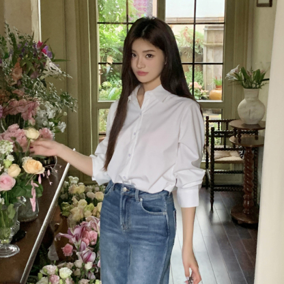 Real Shot 2025 Spring New Design Non-Iron Wrinkle-Resistant White Shirt for Women Elegant Versatile Fashion Blouse Top