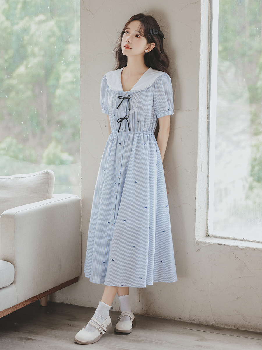Fresh Dress College Style Age-Reducing Sailor Collar Bow Jacquard Fitted Waist Striped Long Dress 50