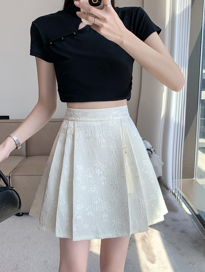 Real Shot New Chinese Style National Style Horse Face Skirt Spring Summer High Waist Slimming A-line Short Skirt Sweet Jacquard Pleated Half Skirt