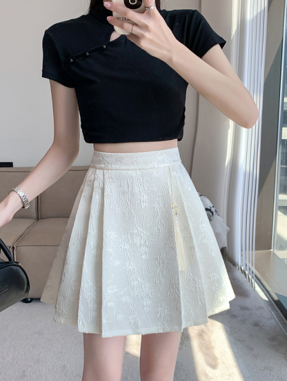 Real Shot New Chinese Style National Style Horse Face Skirt Spring Summer High Waist Slimming A-line Short Skirt Sweet Jacquard Pleated Half Skirt
