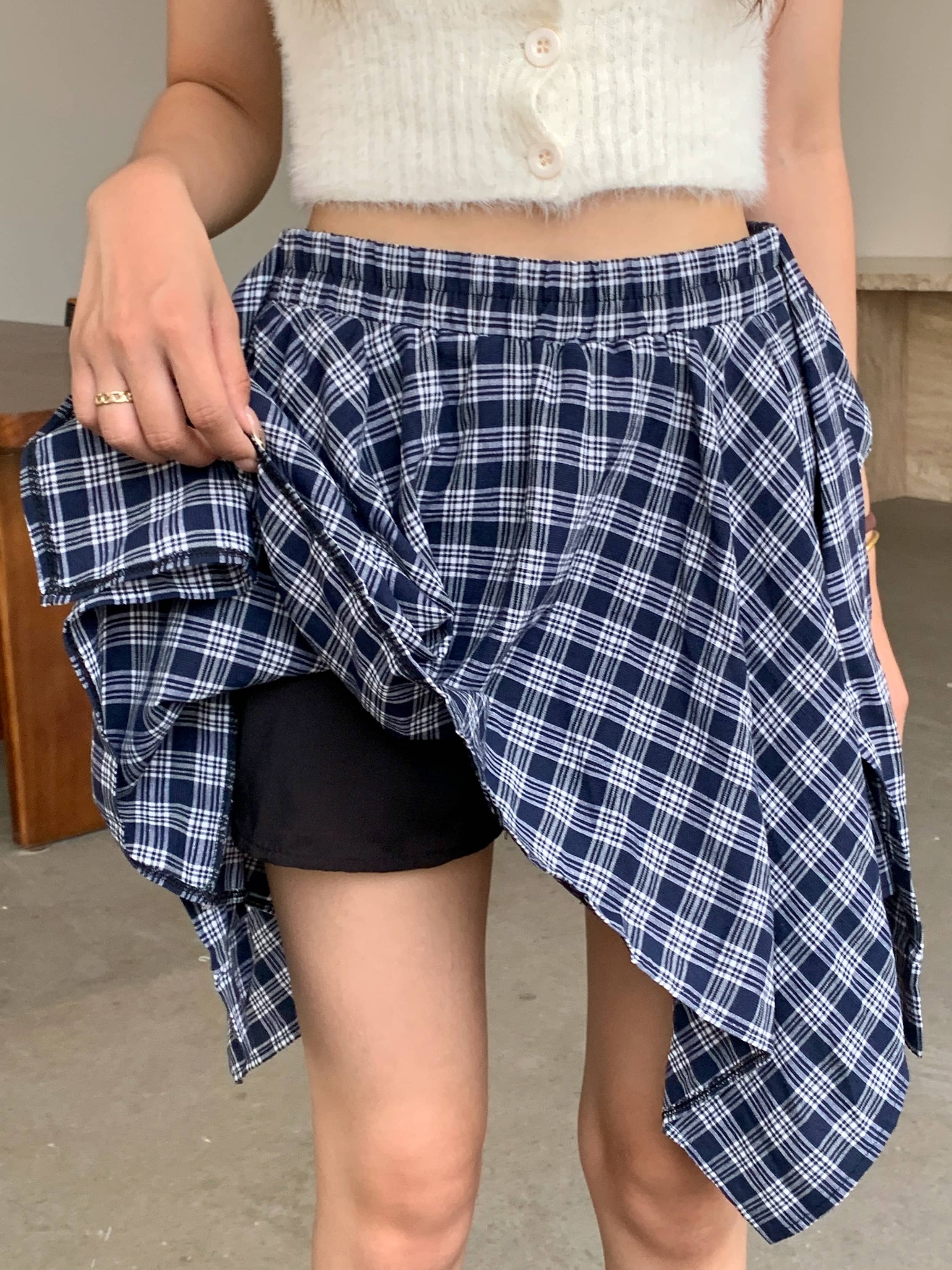 Plaid Ribbon-Tie Asymmetrical Skirt 不规则绑带格纹短裙*4 Colors