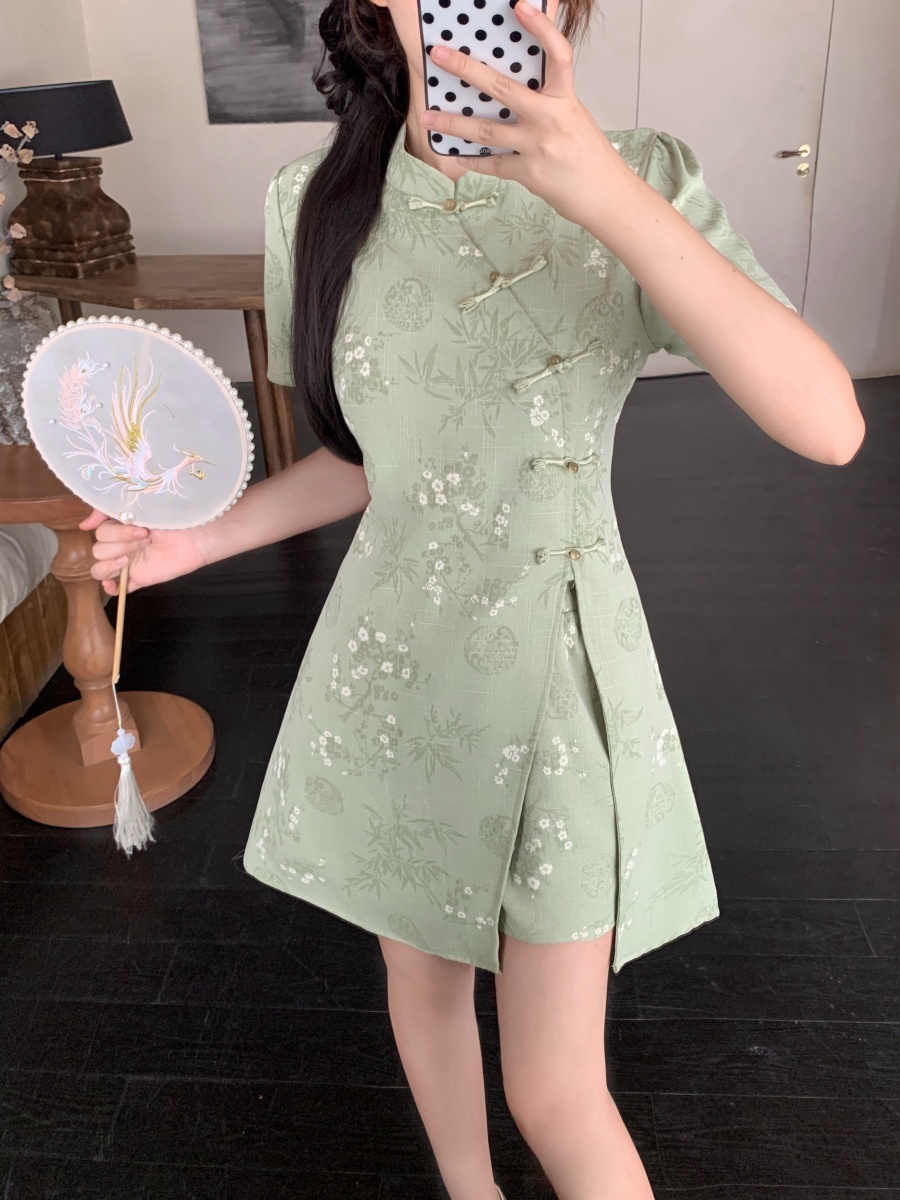 Short Sleeve Cheongsam Short Skirt Two-Piece Set 袖旗袍短裙两件套装