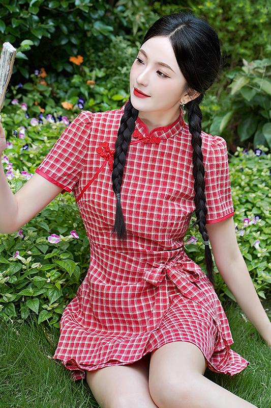 复古格子中式连身裙*2 Colors