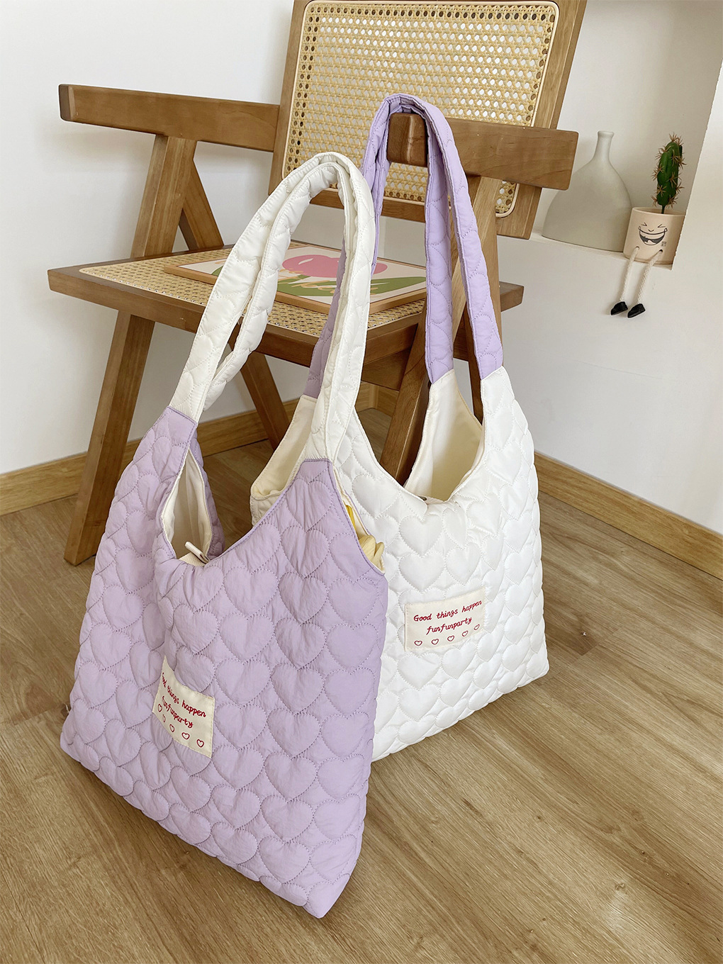 Creamy Quilted Heart Design Canvas Bag 奶油风爱心绗缝大容量学生包*3Colors