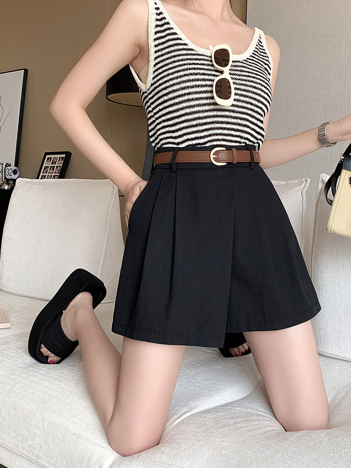 Real Shot Spot Casual Shorts Women 2024 Summer Workwear Short Culottes High Waist Loose Wide Leg Pants A- line Short Pantskirt
