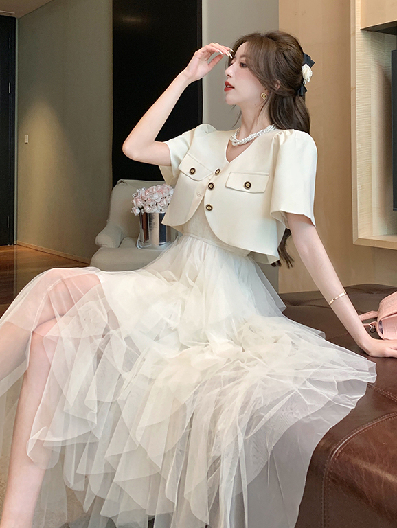Real Shot Spot Elegant French Socialite Classic Style Short Sleeve Suit Coat Sling Cake Gauze Skirt Two-Piece Suit