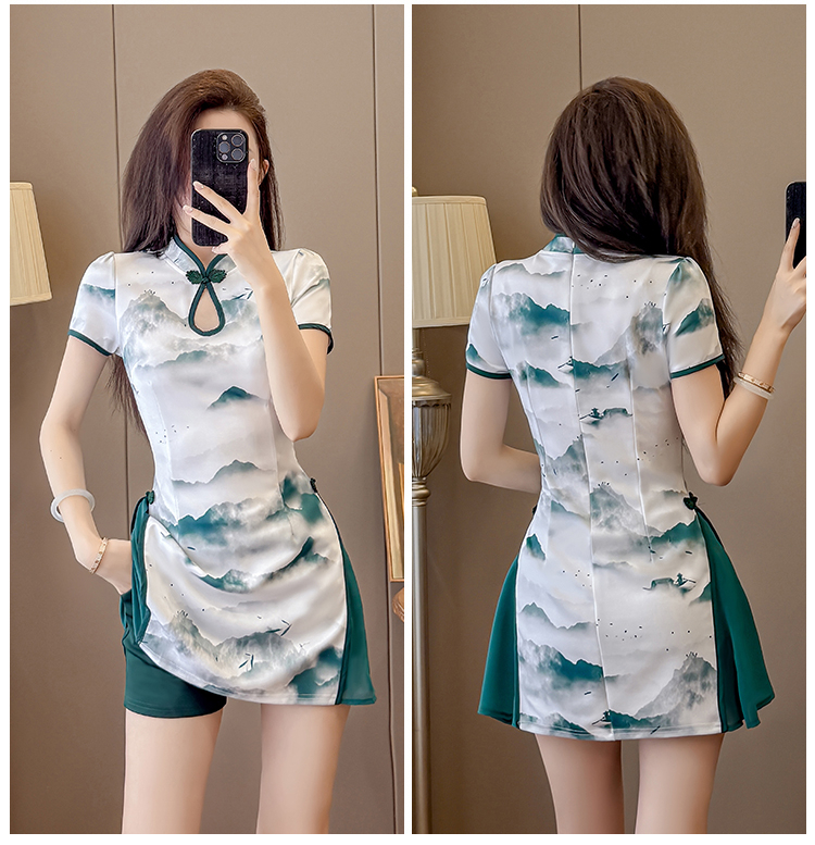 Real Shot New Chinese Style Ink Color Fashion Two-Piece Improved Cheongsam Dress Shorts Set Skirt