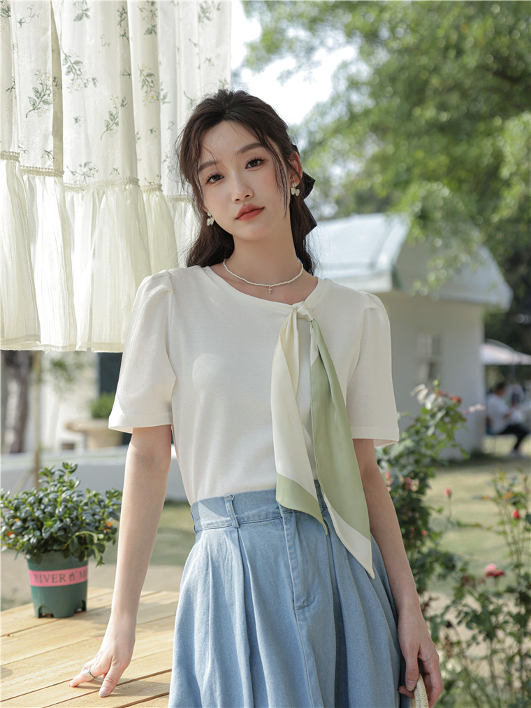 韩剧女主~蝴蝶结丝巾T恤上衣*2色