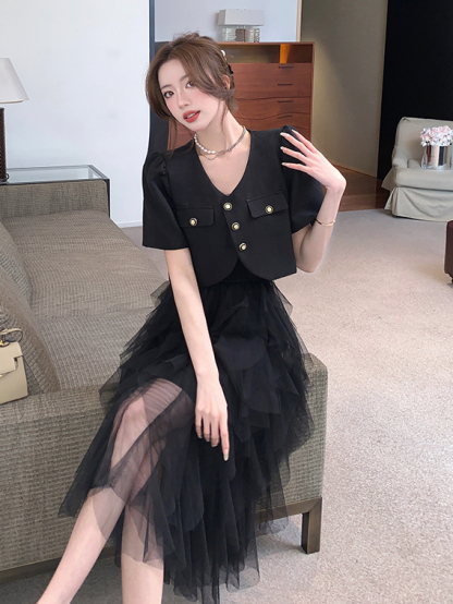 Real Shot Spot Elegant French Socialite Classic Style Short Sleeve Suit Coat Sling Cake Gauze Skirt Two-Piece Suit
