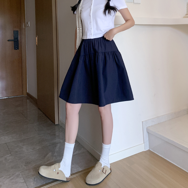 Real Shot Summer Japanese Style Thin Versatile Slimming Navy Blue Loose Wide Hem Five-Point Skirt Short Skirt Half Skirt for Women