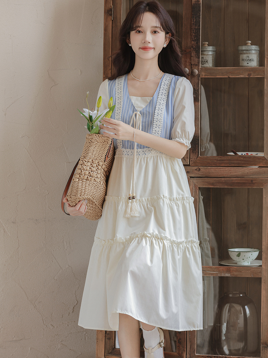 Artistic Vintage Skirt Women's 2024 Summer New Imitation Denim Striped Stitching Fake Two Pieces Short Sleeve Dress 50