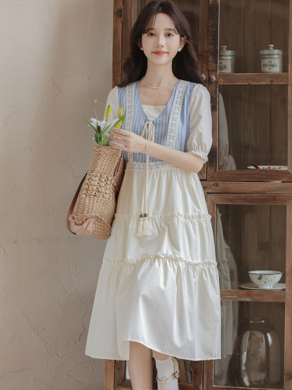 Artistic Vintage Skirt Women's 2024 Summer New Imitation Denim Striped Stitching Fake Two Pieces Short Sleeve Dress 50